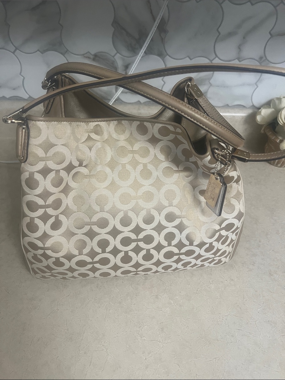 Coach Signature Canvas Shoulder Bag in Cream and Tan